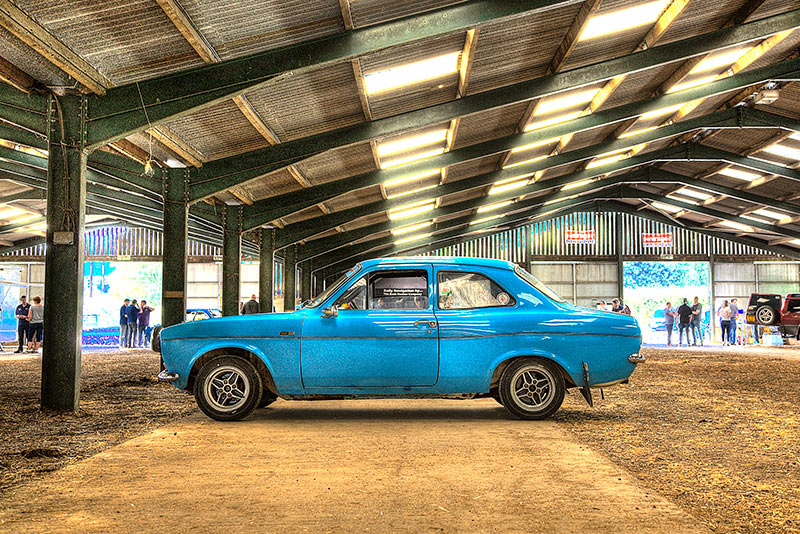 blue 1971 Ford Escort Side View in HDR at the PK Memorial Rally 2018