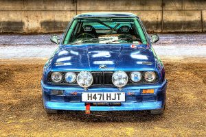BMW 318 Rally Car in North Wales – H471 HJT – The cars were in a weatherproof cattle shed at the Polyroof P.K. Memorial Rally at the Rhug Estate Organic Farm – 23rd / 24th June 2018.