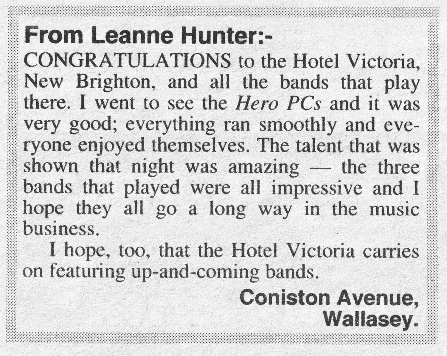 Leanne Hunter Coniston Avenue Hero PCs Letter and the Hotel Vic, New Brighton